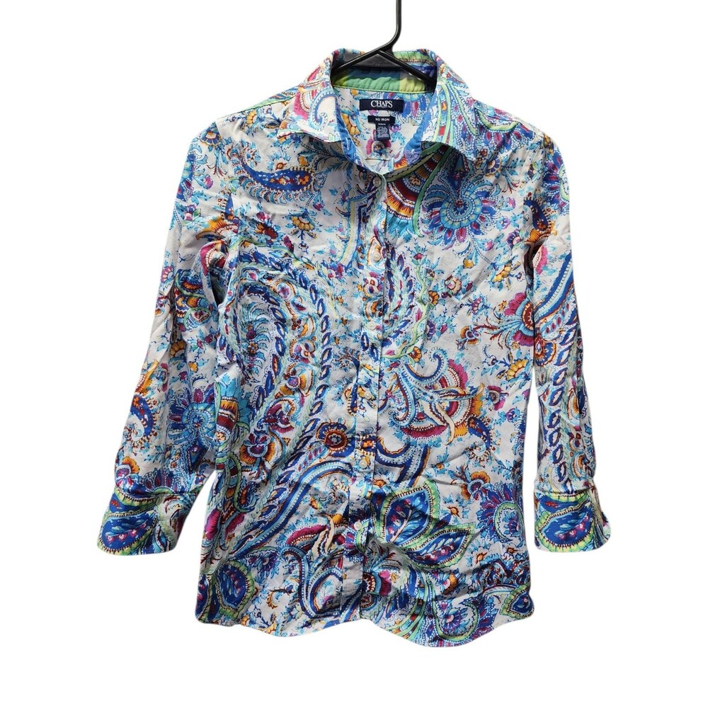 Chaps Women's Medium Size Non Iron 3/4 Sleeve Paisley Button Down Blouse 3196